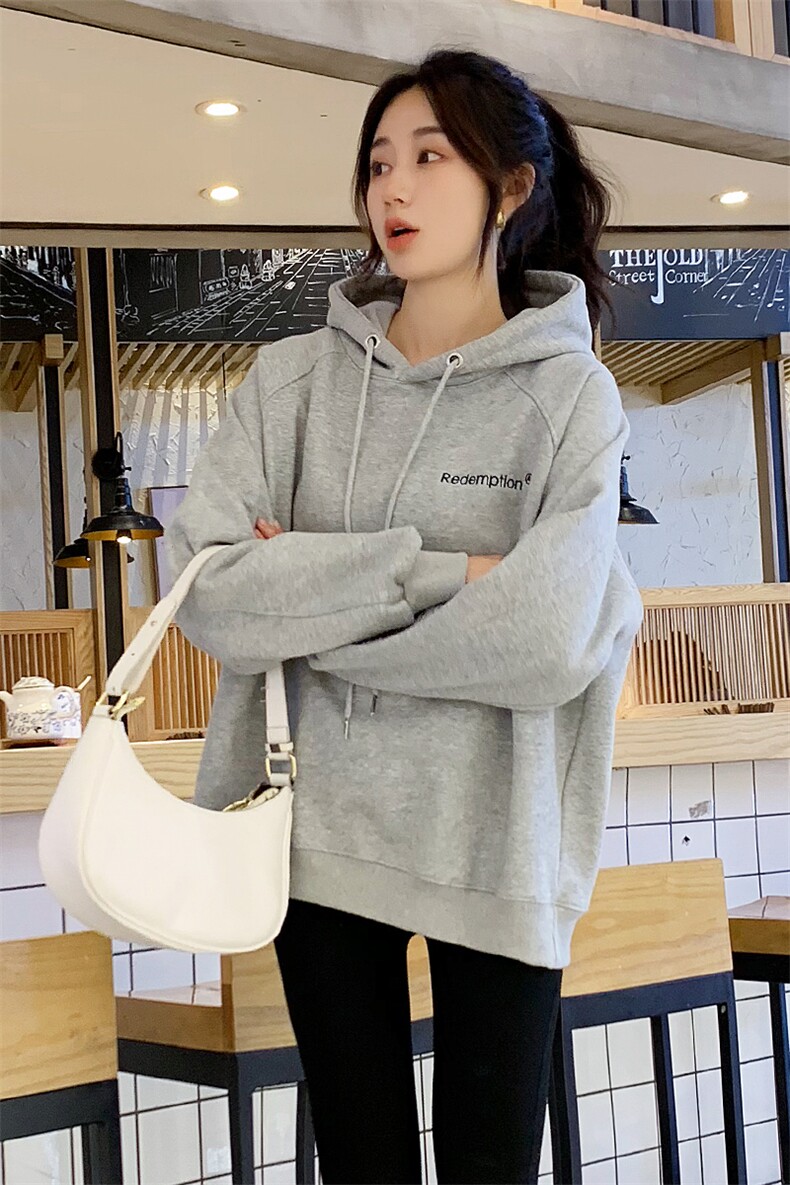 灰色连帽卫衣女秋冬加绒加厚韩版宽松慵懒风oversize外套潮流帽衫,女装卫衣/绒衫,梦懿尔