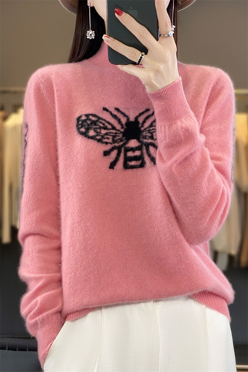 小蜜蜂提花圆领套头短款羊毛衫宽松长袖打底针织衫2024年秋季,女装羊毛衫,蒙特羊绒