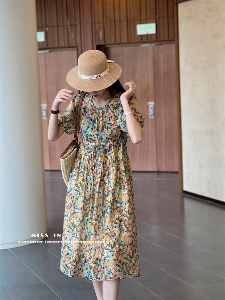 现货夏季新款复古花色连衣裙，女装连衣裙，蜜思印·金