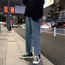 牛仔裤男春季新款百搭宽松九分裤港风潮流毛边直筒休闲裤k17-p35图片