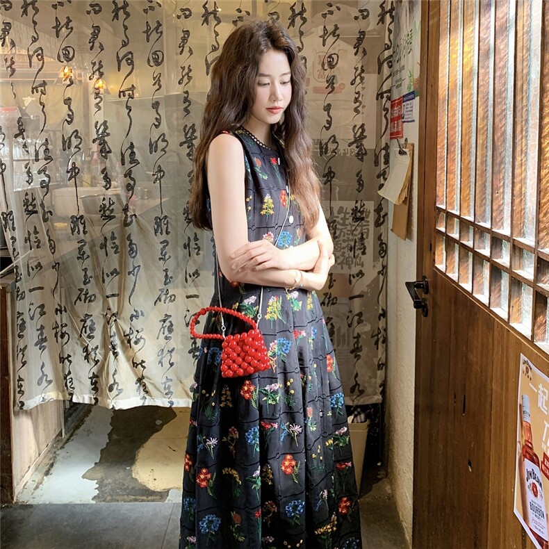 显瘦时尚见外包装旗袍无袖通勤夏季长裙连衣裙纯色碎花显瘦气质,女装连衣裙,2C115