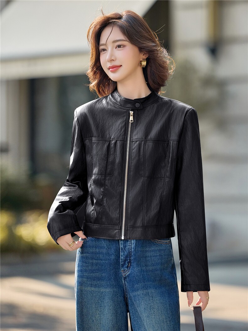 时尚机车范立领皮衣短外套女2025秋季新款修身显瘦小个子夹克上衣,女装皮衣,沁沁公主