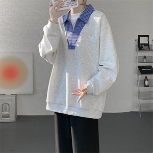WY10153-特P48 控88 小众撞色面料拼接格子假两件大码男宽松卫衣图片