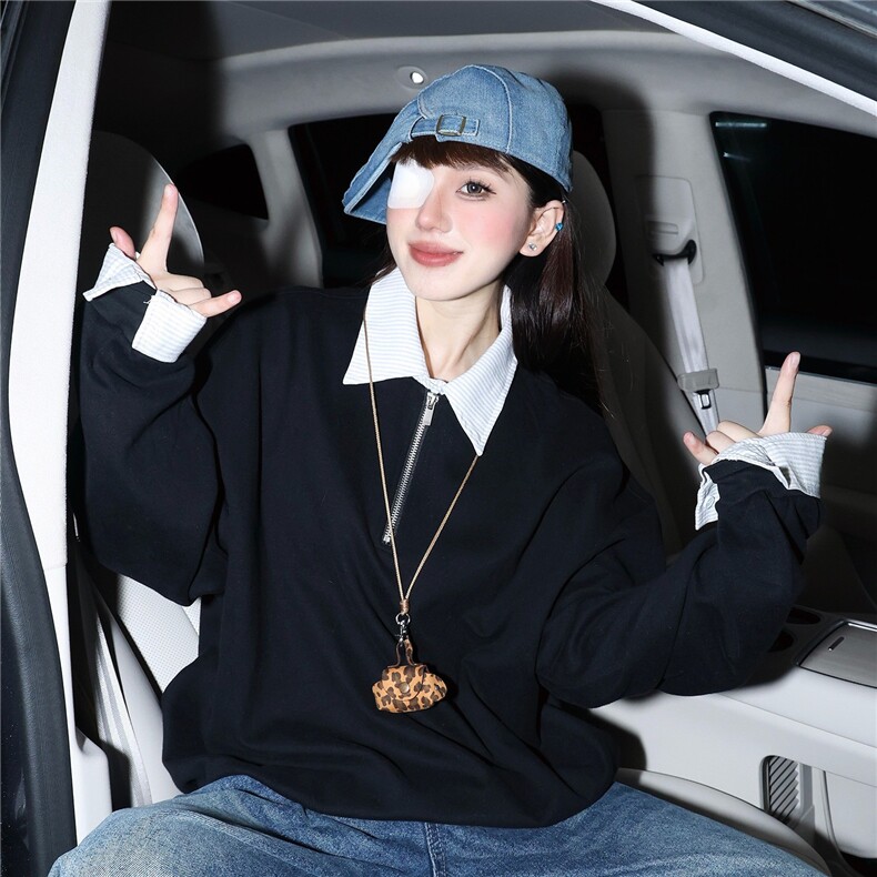 学院风格子polo领假两件卫衣男女美式宽松长袖外套CT505-P45,女装短外套,星座1001-1
