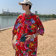 Z1休闲风男士大码透气大花凉爽T恤七分袖衫短裤套装男女纱衣，男装T恤，星座115A(原星座507）