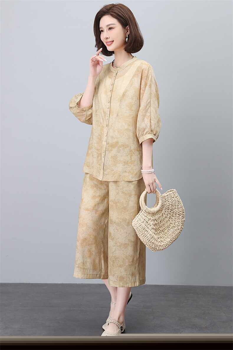 天丝衬衫妈妈七分裤休闲套装女士夏季洋气短袖时尚中年夏装两件套,女装套装/套裙,希欧阁