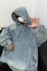水洗做旧连帽卫衣男秋冬季美式街头ins潮牌宽松复古痞帅牛仔帽衫，男装卫衣，星座505-2（原电商A260-1)