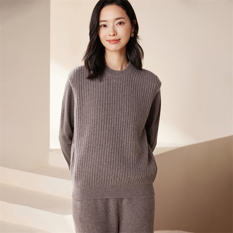 纯山羊绒马甲女圆领宽松潮流针织背心秋冬保暖无袖加厚马甲,女装马甲,江帆羊绒