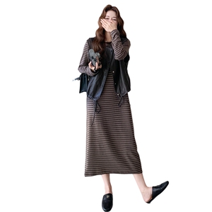皮衣马甲条纹连衣裙套装女秋季2025新款感盐系减龄时髦两件套图片