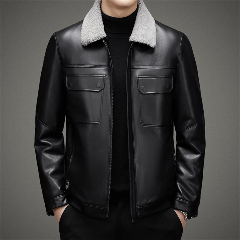 中年商务休闲爸爸冬装外套男士冬季加厚保暖翻领皮羽绒上衣新款，男装皮衣，电商B212（原钱塘6029）