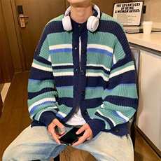 条纹撞色针织毛衣外套男秋冬宽松圆领开衫休闲毛线衣2270P52，男装针织衫/毛衣，星座410-2