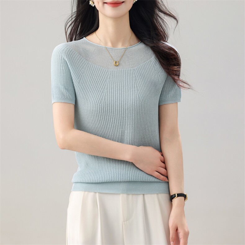 2025夏季新款时尚圆领亚麻水晶短袖女宽松休闲百搭半袖舒适针织衫,女装T恤,昭美羊绒