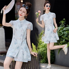 新中式国风改良旗袍连衣裙两件套2025夏季爆款洋气减龄短裤套装女，女装套装/套裙，众宇琦