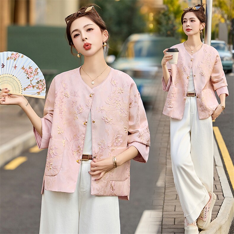 粉色小香风圆领提花外套女2025春季新款今年流行新中式小西服上衣,女装短外套,美沁