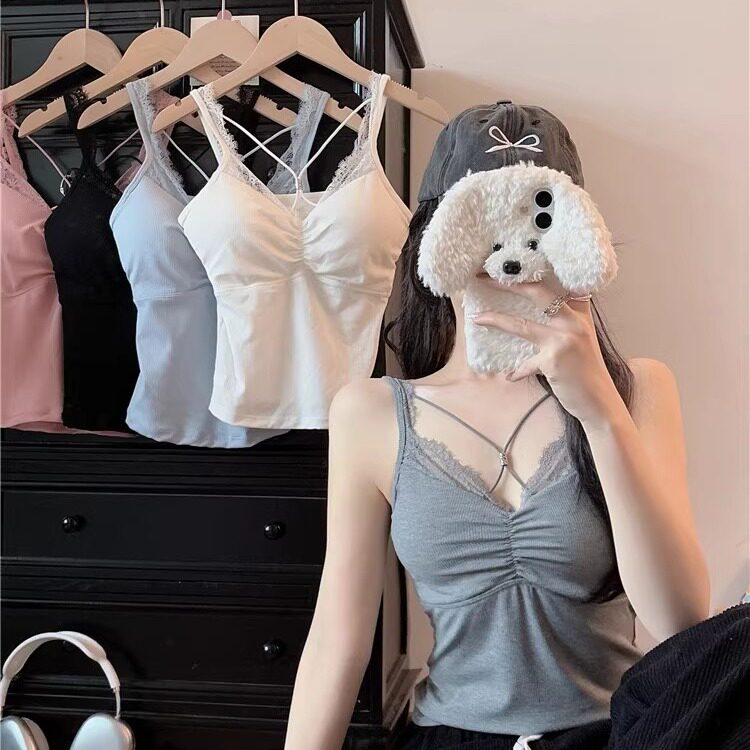 2025夏装性感纯欲风交叉美背吊带文胸外穿一体式带胸垫显身材背心，女装背心吊带，梦白服饰厂