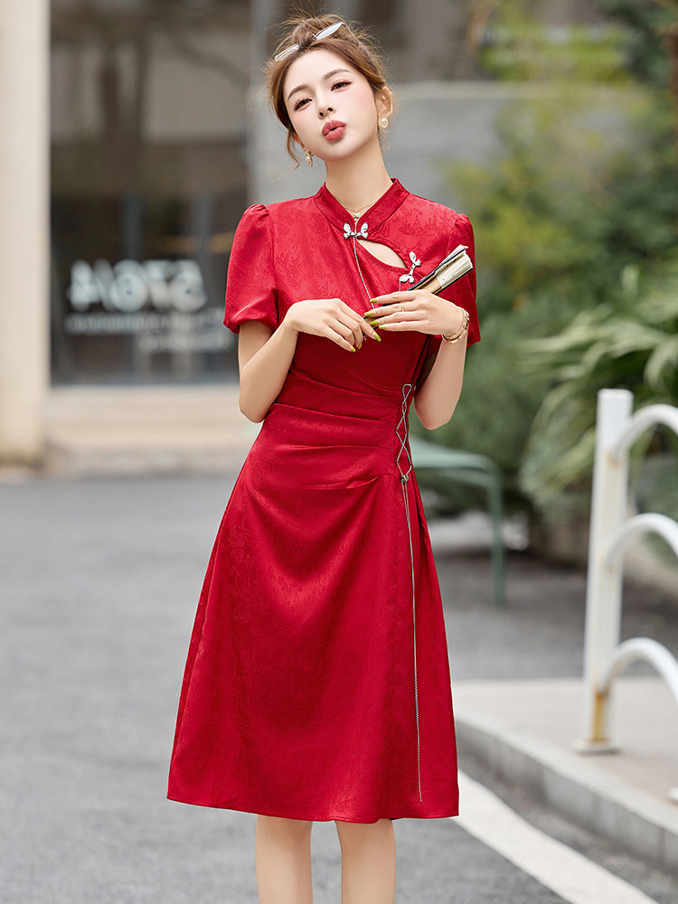 新中式国风连衣裙女2025夏季新款小个子修身显瘦改良红色旗袍裙子,女装连衣裙,依如秀(原杭风阁)