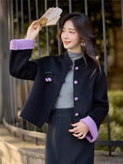 双面羊绒短款外套女秋冬新款时尚撞色高级感小个子新中式毛呢大衣，女装毛呢外套，众宇琦