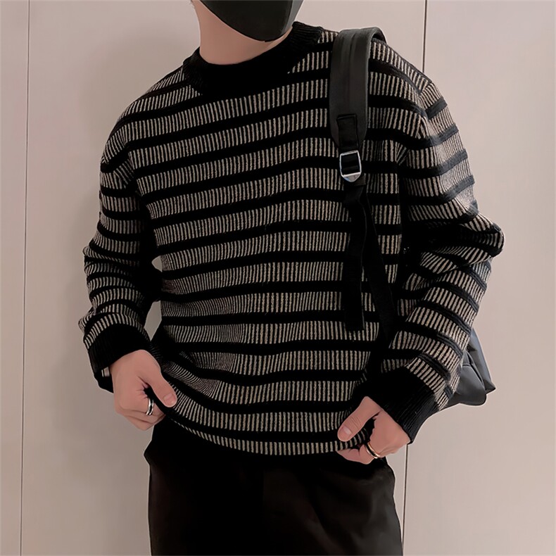 LV294/P85控115美式条纹男款针织衫毛衣冬季保暖百搭休闲打底衫黑,男装T恤,星座305B