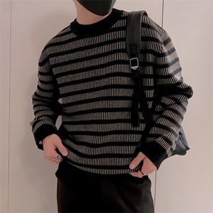 LV294/P85控115美式条纹男款针织衫毛衣冬季保暖百搭休闲打底衫黑图片
