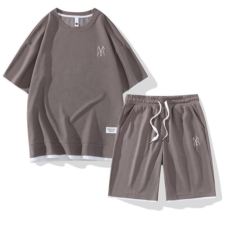 7538-P55潮牌华夫格运动套装男士夏季休闲短袖短裤时尚潮流一套，男装牛仔裤，电商D310B-1