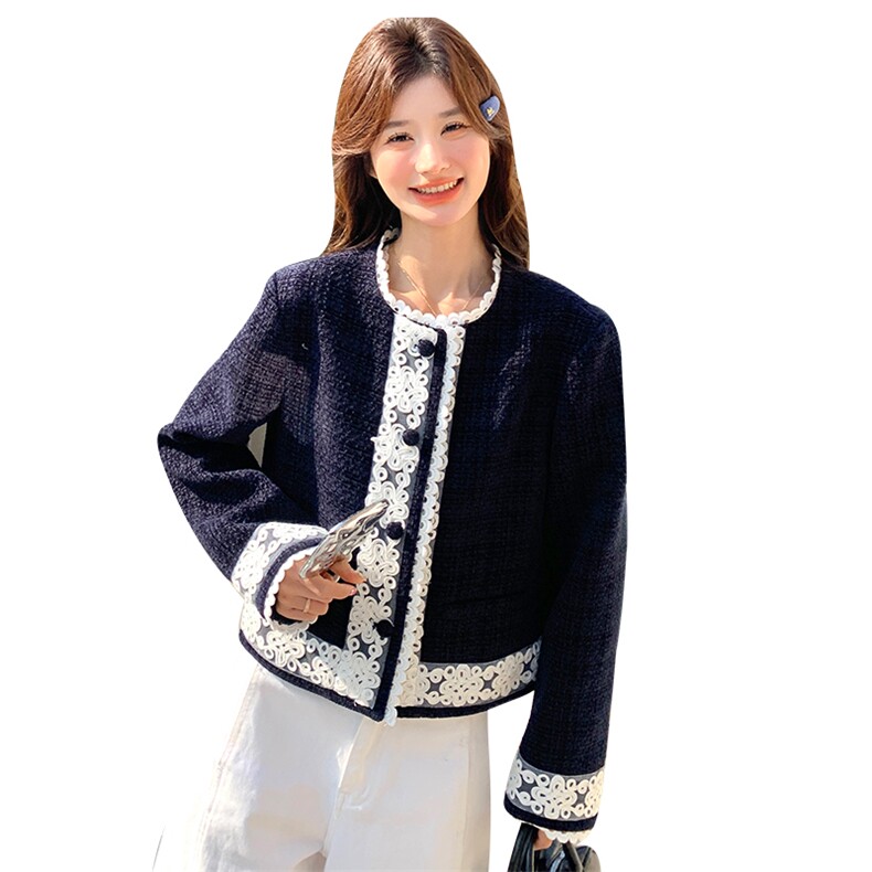 深蓝色小香风蕾丝拼接短外套女2025春季小个子名媛气质高级感上衣,女装短外套,2C169