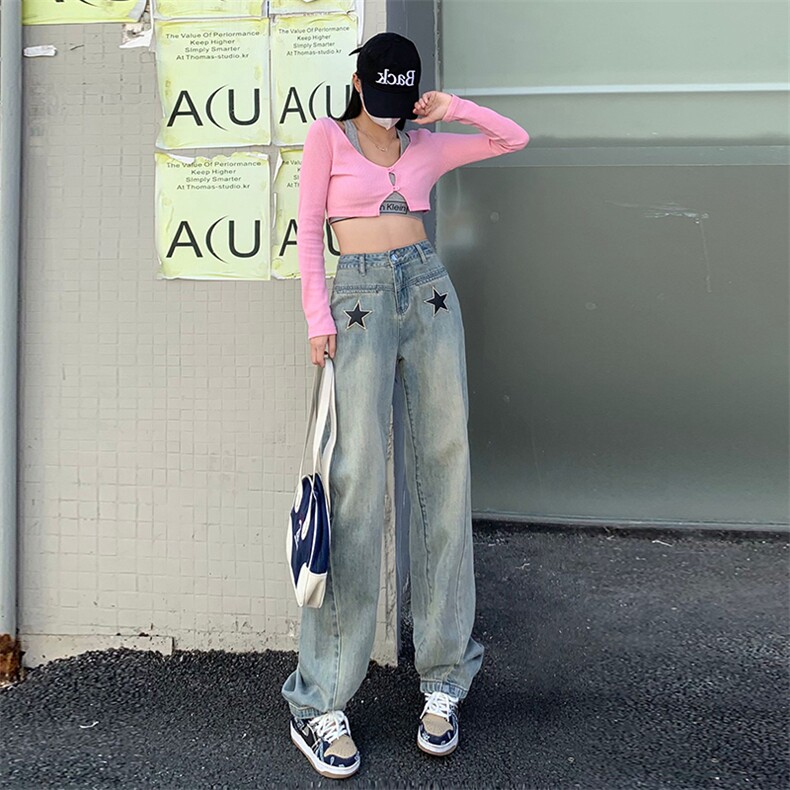 HS993辣妹风格个性装新款高品质拖地裤女阔腿牛仔裤高腰P65,男装牛仔裤,星座309B-2
