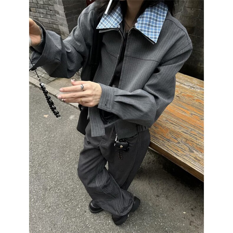 假两件格子翻领外套男秋冬季美式高街宽松潮流廓形休闲衬衣服外套,男装夹克,星座410-7