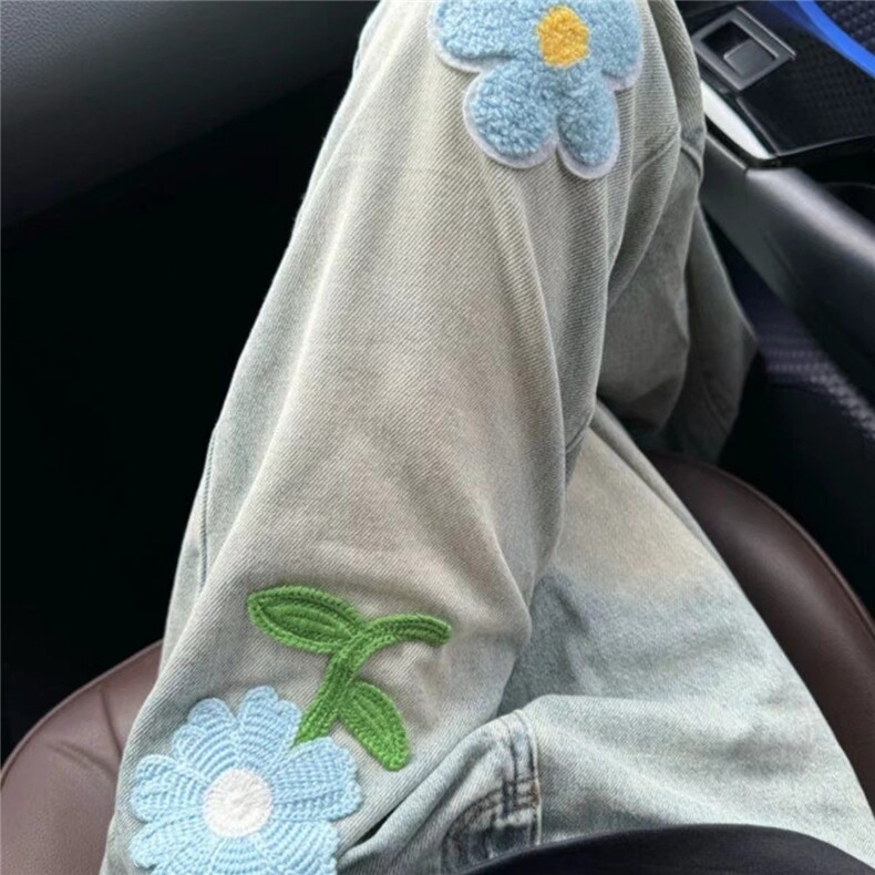花朵牛仔裤男秋季小众微喇裤春秋美式高街直筒裤子N8866-P50,男装牛仔裤,星座208-5