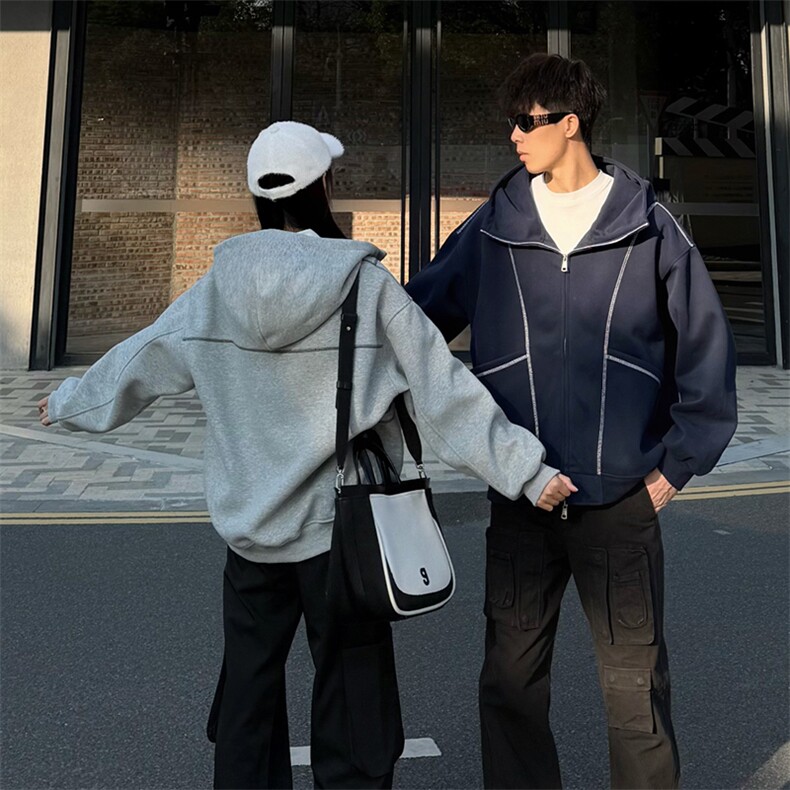 抖音得物高品质秋冬美式高街重磅结构辑明线纹理连帽卫衣外套W111,男装卫衣,电商A486