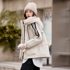 休闲时尚撞色工装派克羽绒服女2024冬新款加厚连帽保暖白鸭绒外套，女装羽绒服，采品优优