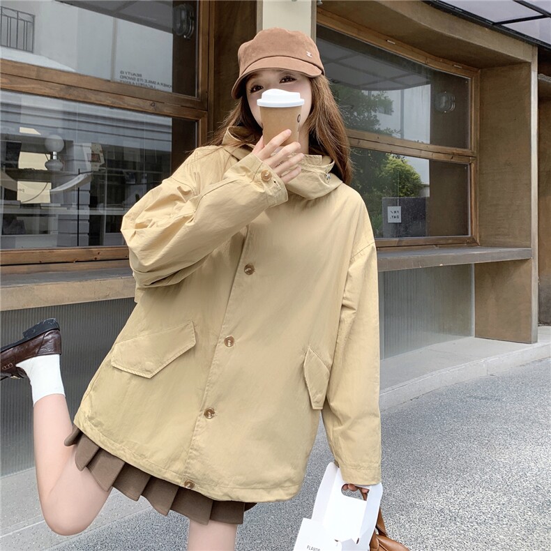 韩系chic休闲卡其色中长款连帽风衣女春秋独特漂亮巨好看上衣外套,女装短外套,2D035