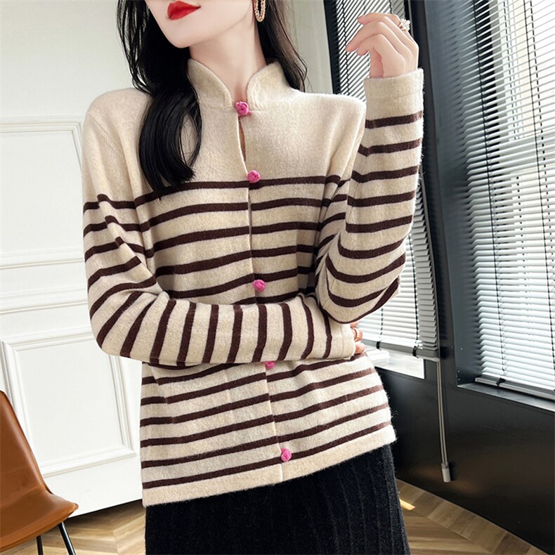 女士秋冬保暖条纹简约羊毛衫羊毛，女装羊毛衫，蒙莲贝斯