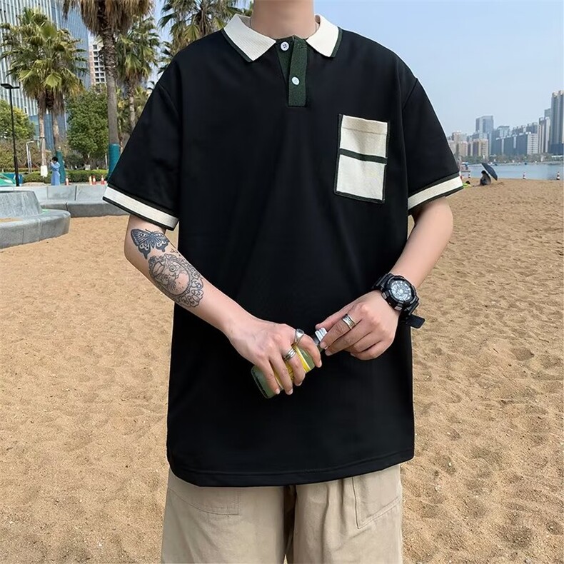 潮潮流POLO衫男2023夏季时尚纯色日系简约五分袖新款WB042-P30,男装Polo衫,星座412-2