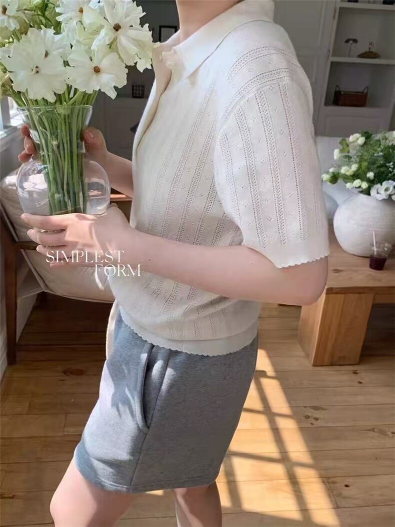 法式polo衫镂空短袖冰丝针织衫女薄款夏季坑别致独特肌理感上衣,女装T恤,百纯羊绒