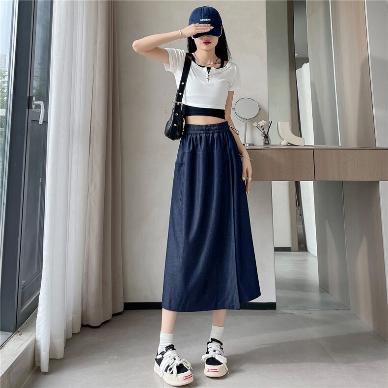 夏季新款莱赛尔仿牛仔半身裙裤清凉透气户外长款A字伞裙，女装半身裙，梦白服饰厂