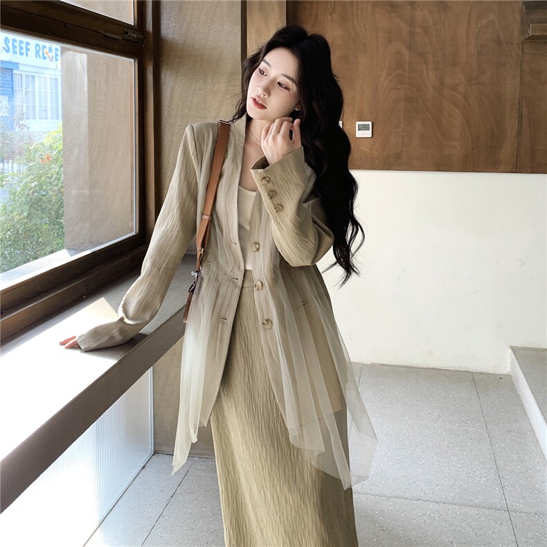 韩系优雅千金风设计感西装拼接网纱半裙套装F717-P175-K288,女装套装/套裙,2C255