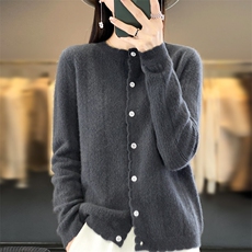 集团羊毛针织开衫秋季宽松拼色V领毛衣外套，女装针织衫/毛衣，暖娇绒