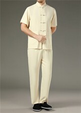 中老年亚麻套装高档唐装夏太极服中式刺绣立领短袖上衣风套装，男装中老年男装，钱塘723