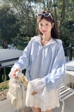 浅蓝色蕾丝拼接连帽外套秋季2025新款超火韩系甜美风宽松休闲外套，女装西装，2D014