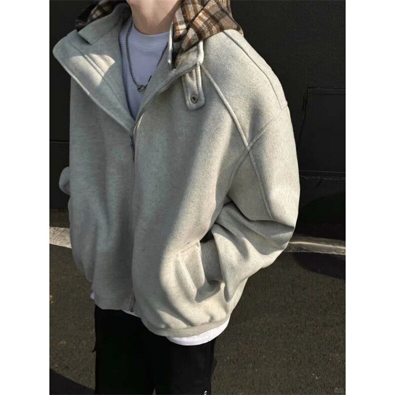 秋冬季新款美式复古街头假两件格子连帽拉链棉服男女宽松百搭外套,男装棉衣,星座1001-1