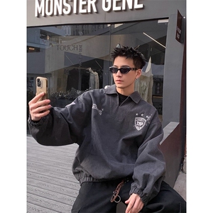 美式覆古水洗做旧印花套头夹克男春季新款运动训练服外套TJK207