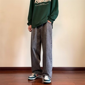 高街vibe风黑灰撞色字母刺绣直筒牛仔裤子秋季宽松阔腿XK8011P43图片