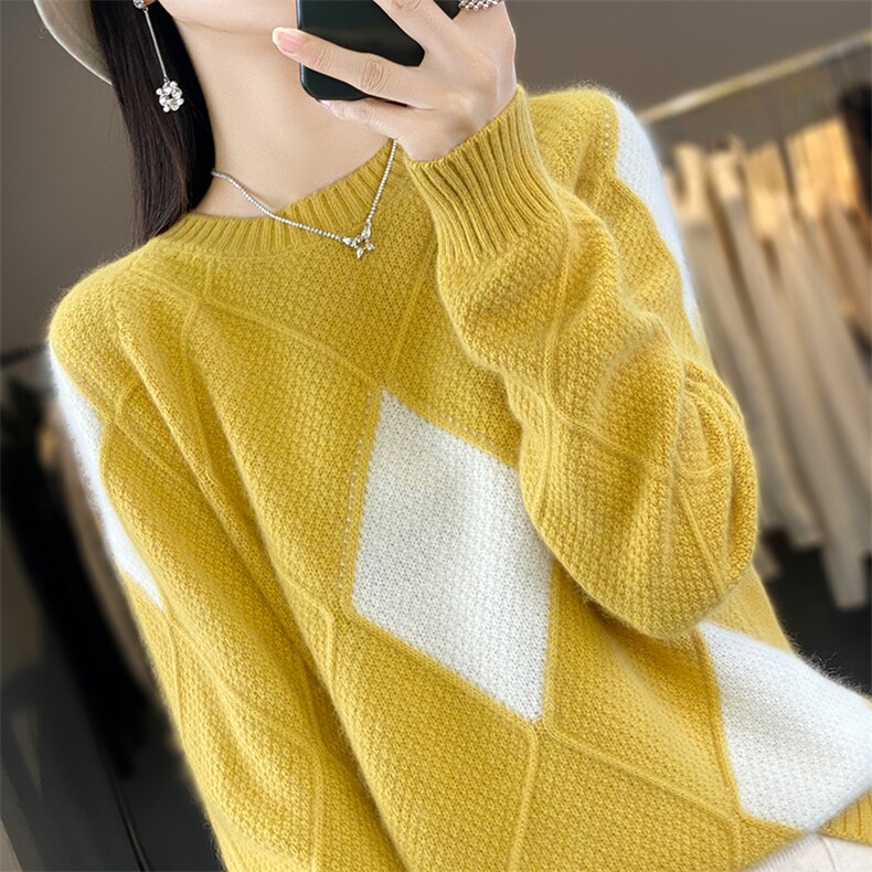 菱形拼色针织衫女圆领宽松套头打底毛衣秋冬针织羊毛衫,女装羊毛衫,犀桦羊绒