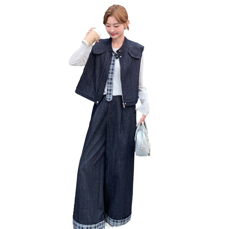 秋季牛仔阔腿裤马甲时尚两件套女,女装套装/套裙,秋水欣儿