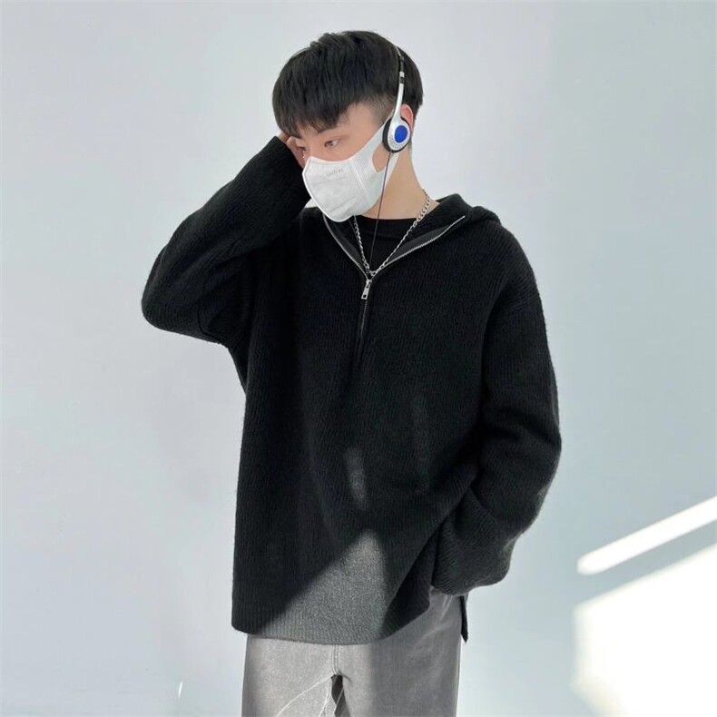 网图84571-P75休闲百搭纯色拉链宽松连帽毛衣外套长袖带帽,男装针织衫/毛衣,电商D310B