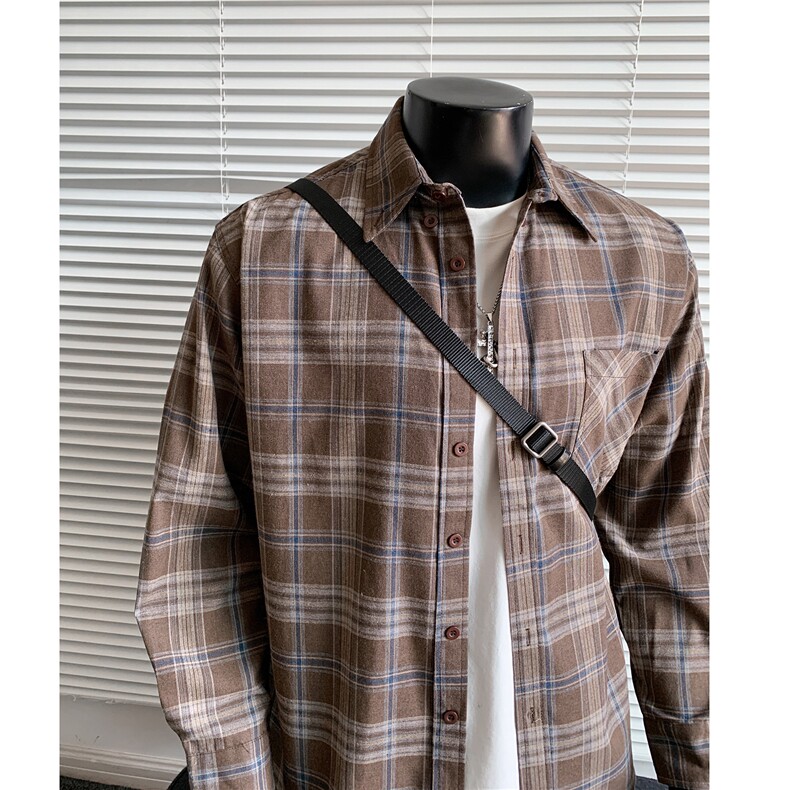 美式复古格子衬衫男设计感衬衣高街休闲百搭情侣外套G1146特P40，男装衬衫，电商A339