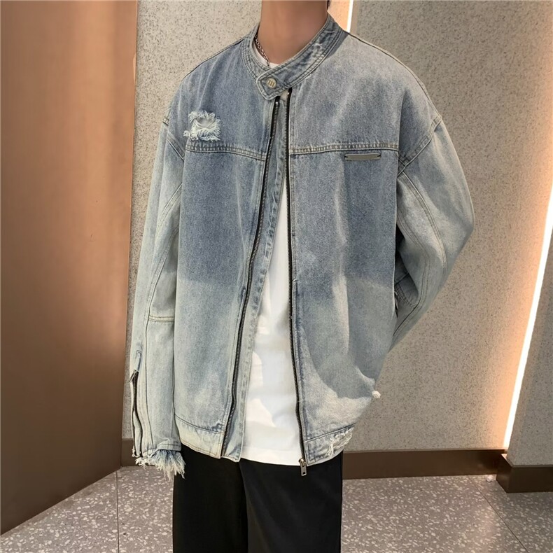 潮流古着破洞渐变牛仔外套男款立领宽松美式街头拉链做旧水洗夹克,男装工装外套,星座1210-1