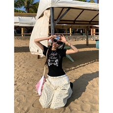 美式复古蕾丝边正肩短袖T恤女2025夏季辣妹修身短款打底衫上衣潮，男装T恤，星座506A