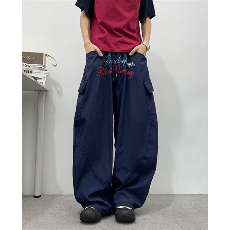 字母刺绣弯刀阔腿裤男女夏季宽松褶皱速干街舞休闲长裤KA8036,男装休闲裤,星座1116A（原606A-3）