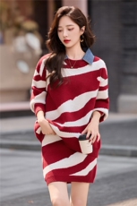 慵懒风斑马纹拼牛仔领秋冬季新款宽松加厚套头毛衣套装，女装套装/套裙，依多米